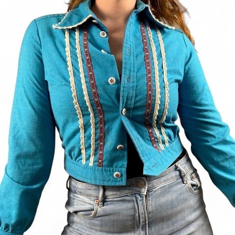 70s Vintage Embroidered Blue Jacket Floral‎ Lace Cottagecore Retro Boho Funky